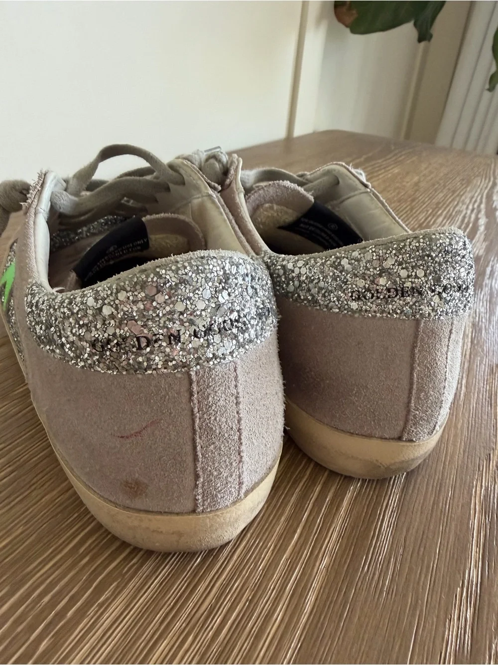 Golden Goose Silver Glitter Sneakers with Neon Green Star - Picture 4 of 6